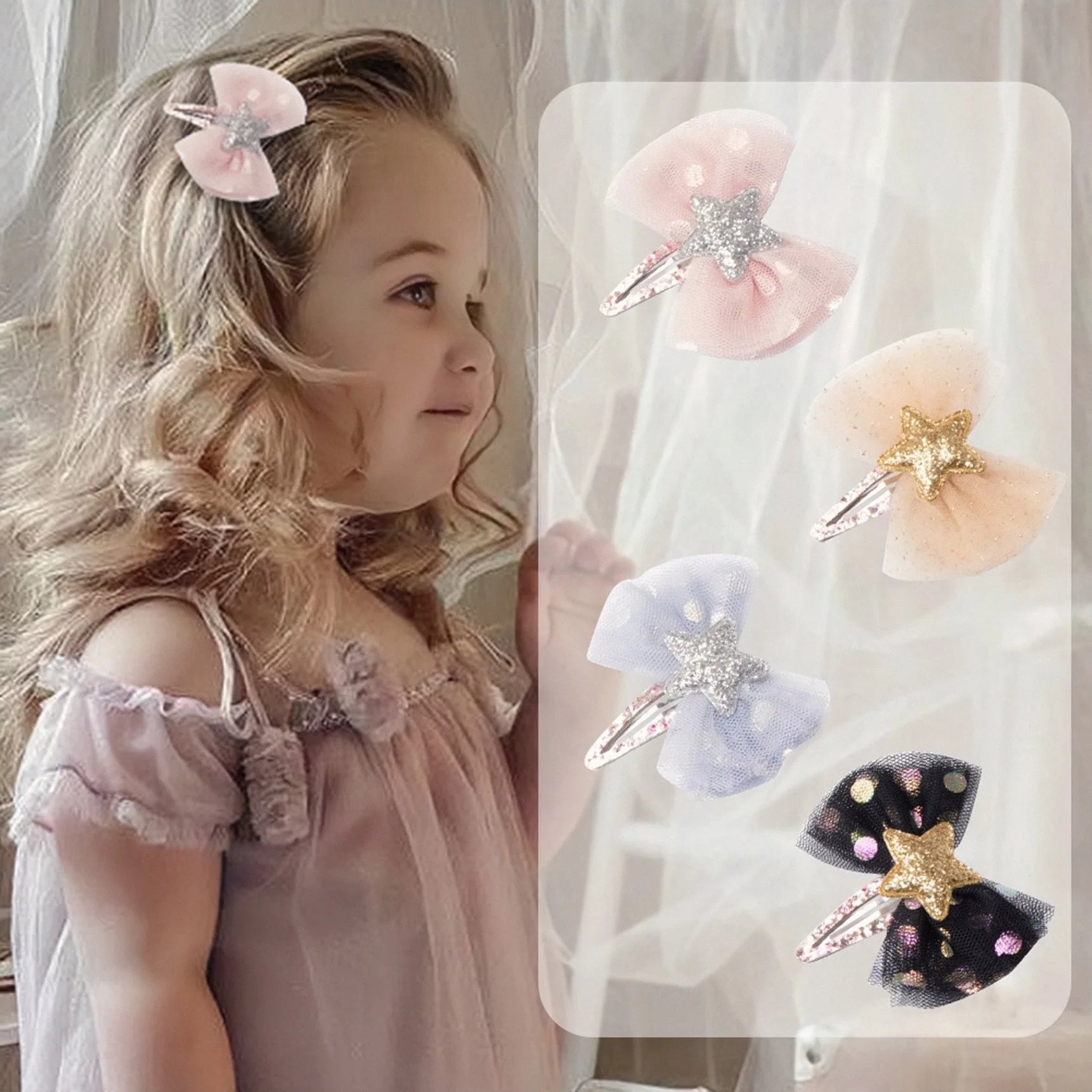 Sweet Gold Star Hair Clip for Girls Kids 5cm Mesh Bow Organza Children's Hair Accessory