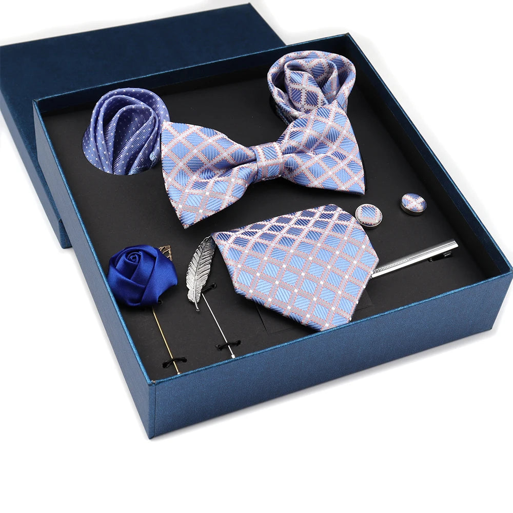 Men's Tie Set Gift Box Fashion Brand Bowtie Pocket Squares Brooch Cufflinks Clip Suit for Men Business Necktie Wedding Party Tie