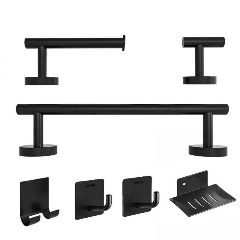 Black Stainless Steel 304 7-Piece Wall-mounted Shelf Towel Holder Racks Bathroom Accessories Sets for Hotel Toilet Complete