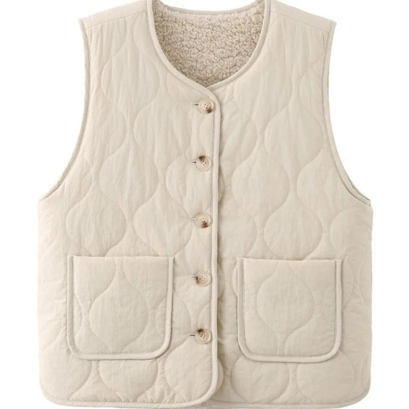 Ladies Faux Sherpa Fleece Vest Double Sided Quilted Vest Jacket Big Pocket Button Opening