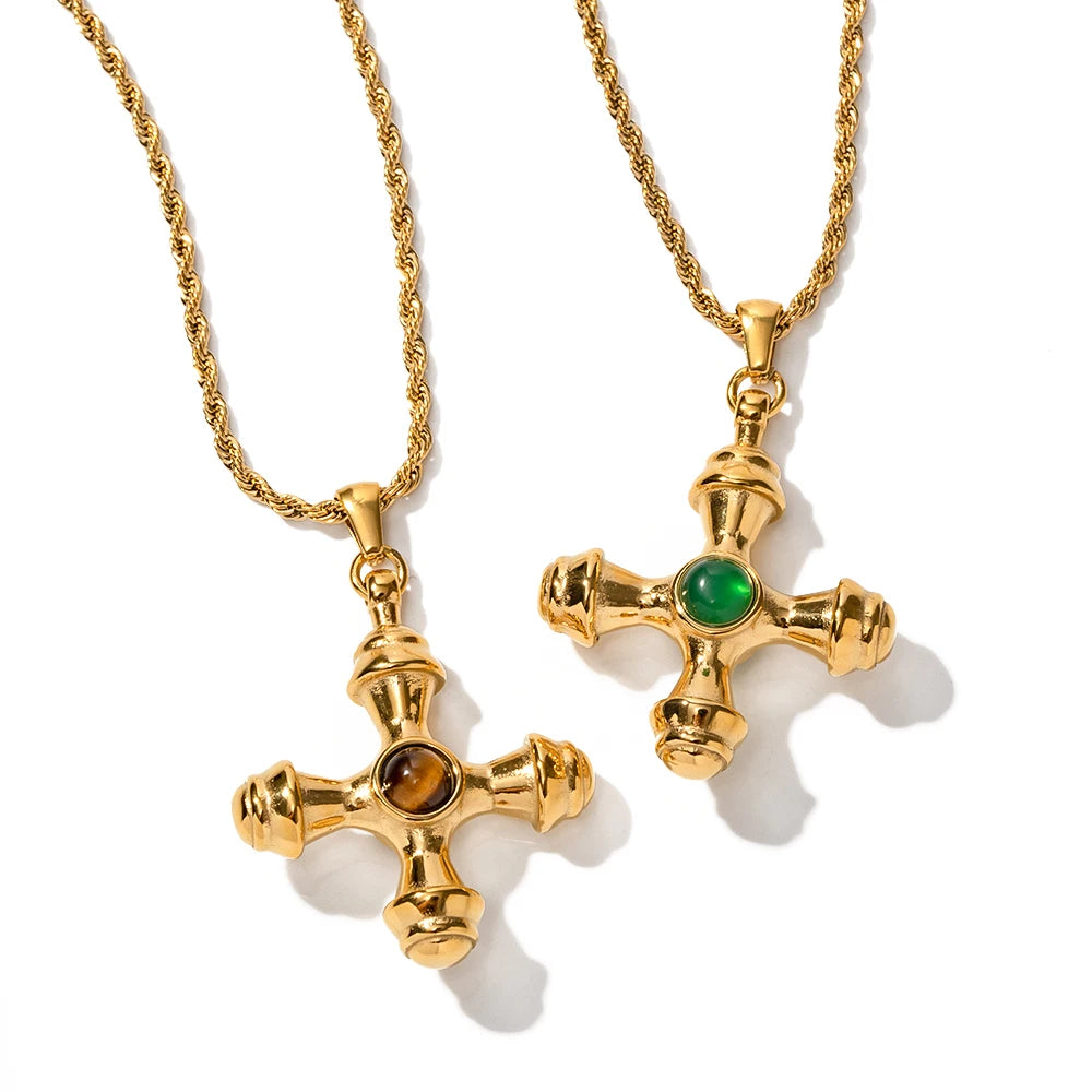 Retro 18K PVD Gold Plated Crossed Green Agate Tiger Eye Necklace Natural Stone Cross Pendant Necklace MegaBDM