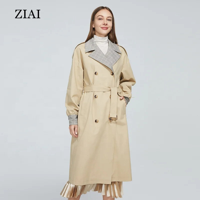 Plus Size Women Fashion Style Trench Coat Lapel Long Sleeve Plaid Coat With Pockets