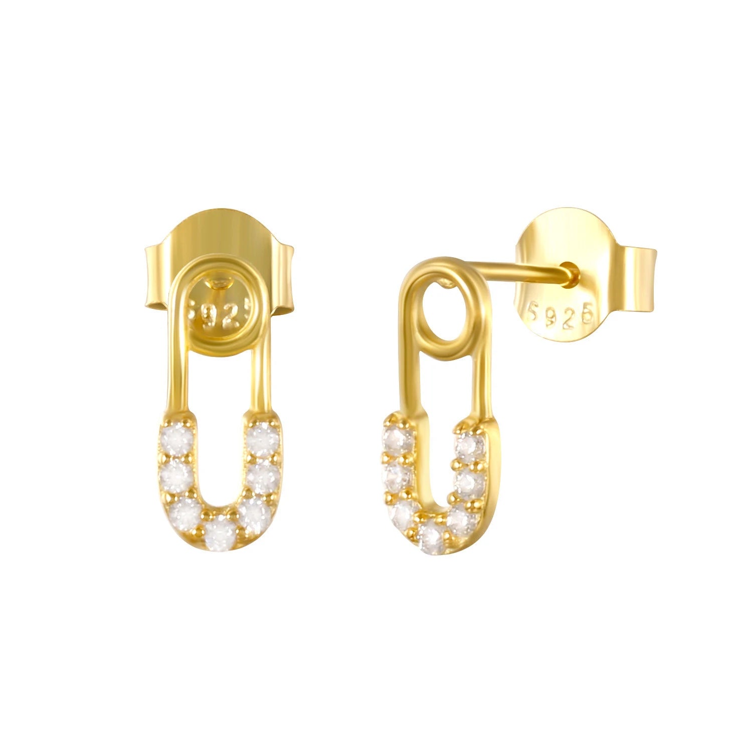 Fashion Unique Statement Stud Earrings Rhodium & Gold Plated 925 Sterling Silver CZ Stone Safety Pin Design Anniversary Gift