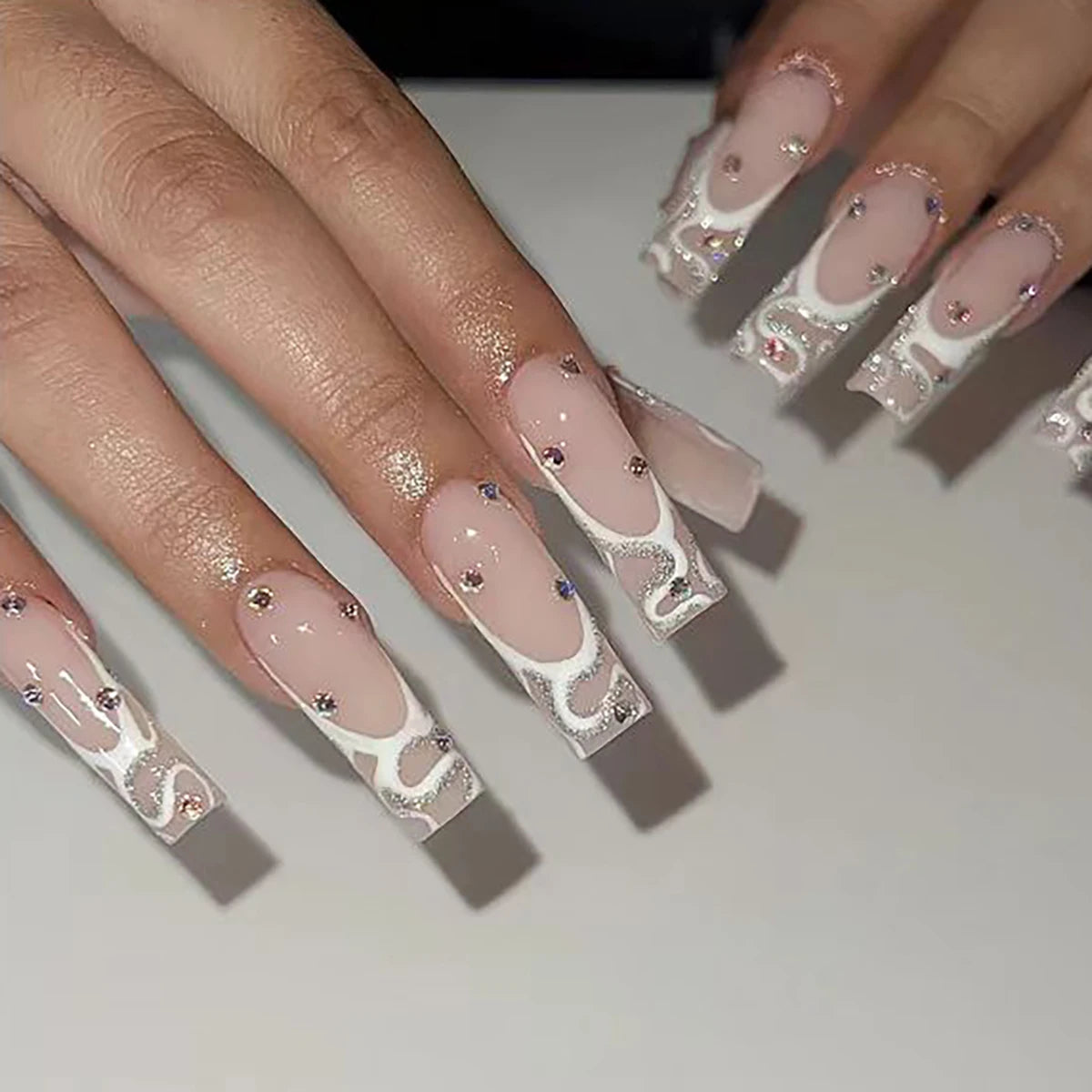 SGCY-133 L-size French Artificial Press on False Nails Temooi Brand Translucent with Rhinestone