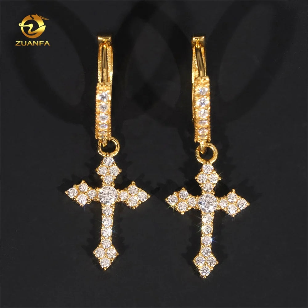 Hip Hop Fashion Iced Out Jewelry 925 Sterling Silver Moissanite Drop Cross Mens Diamond Hoop Earrings