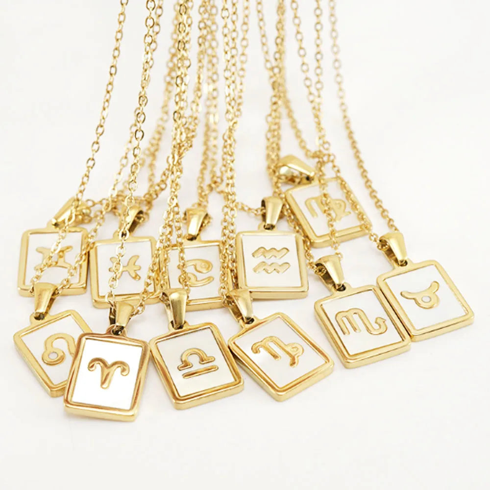 Women Stainless Steel Waterproof Tarnish Free Astrology 12 Zodiac Signs square Pendant Necklace Women Necklaces Jewelry