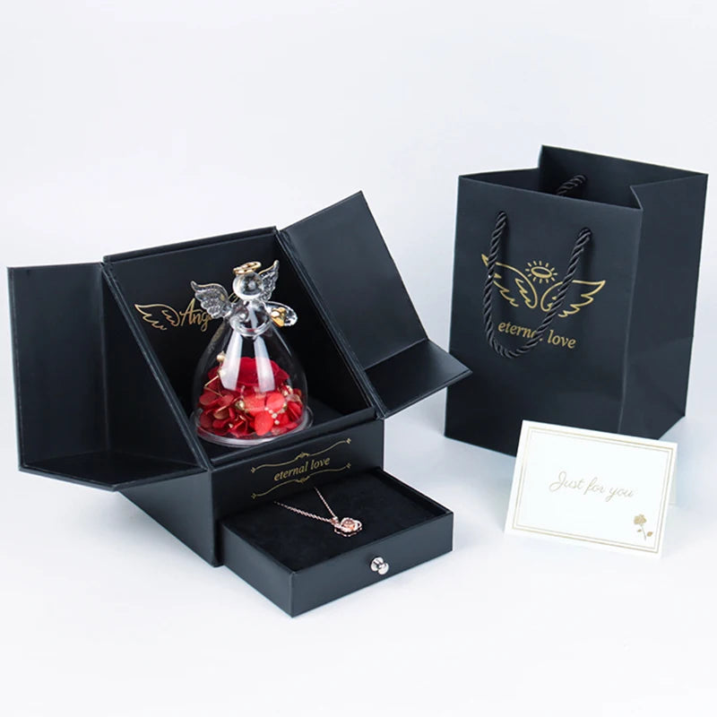 Valentines Day Gifts Double-Open Jewelry Gift Box Eluxury Ternal Rose Jewelry Box Angel Preserved Rose in Glass Dome for Women