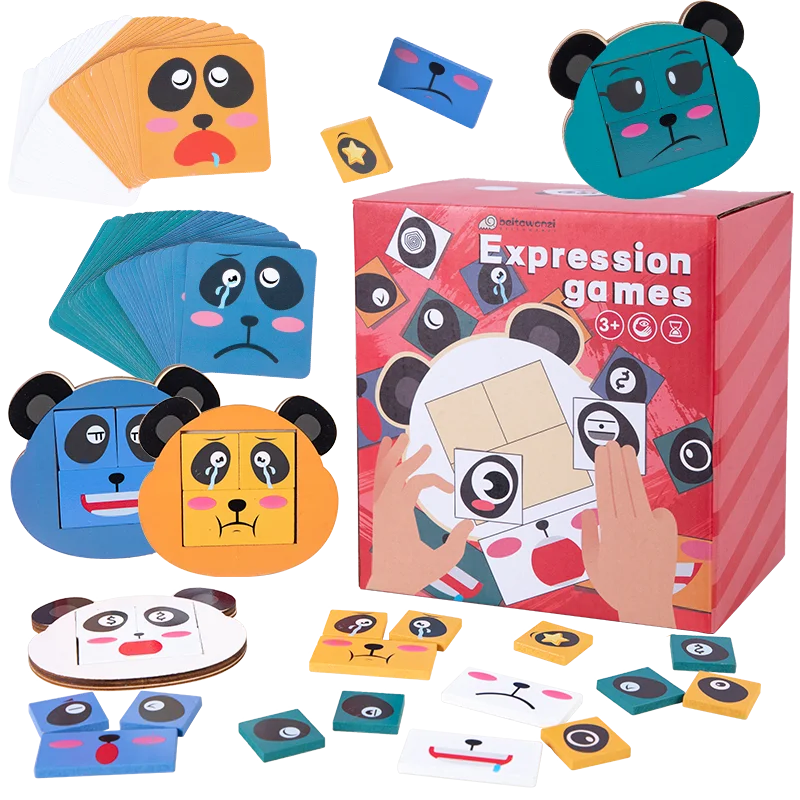 New Design Panda Face Change Matching Puzzle Game Children Expression Board Montessori Education Learn Cube Block Toys for Kids