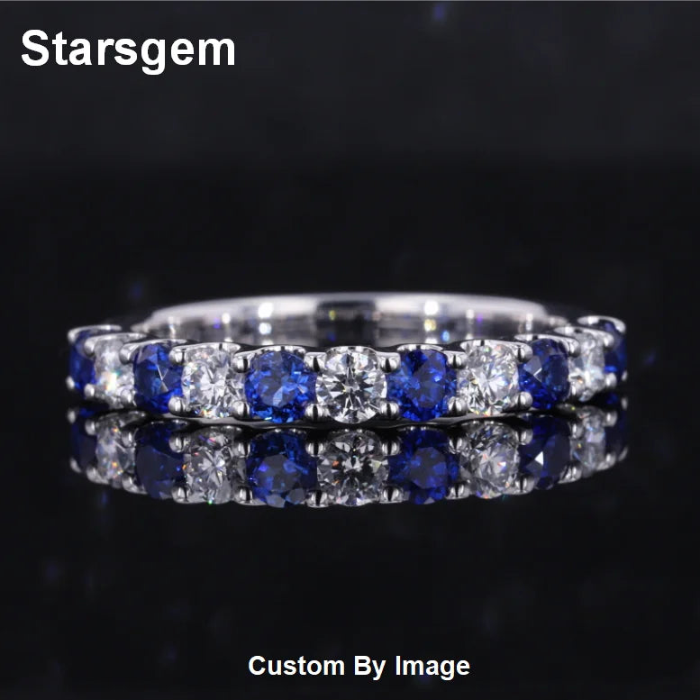Stargems 18K Gold Wedding Ring Round Shape Lab Grown Diamond & Blue Sapphire Eternity Band