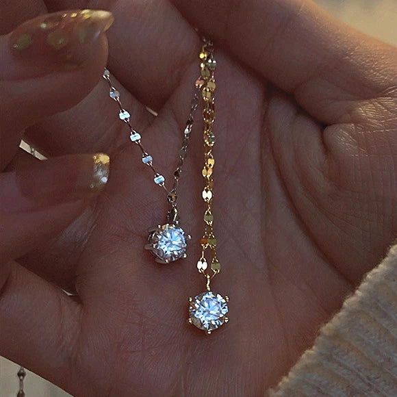 New Gentle Temperament Sweater Chain Light Luxury Gold Plated Collarbone Chain Six-jaw Single Diamond Necklace Gifts for Women