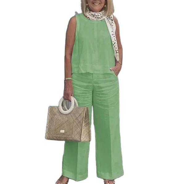 2025 Two-piece Women's Summer Fashion Solid Color Simple Sleeveless Top Loose Wide Leg Pants Cotton and Linen Suit
