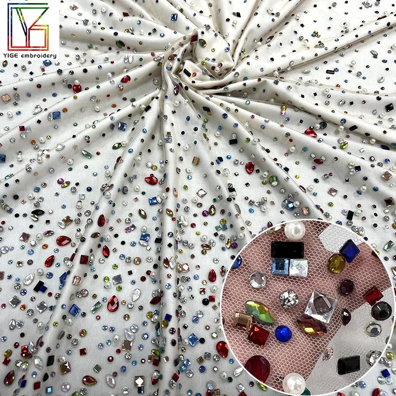 Popular Stone Handmade Colorful Crystal Tulle Lace Fabric Pearl Crystal Mesh Fabric Stones Lace Rhinestone Net Lace Fabric