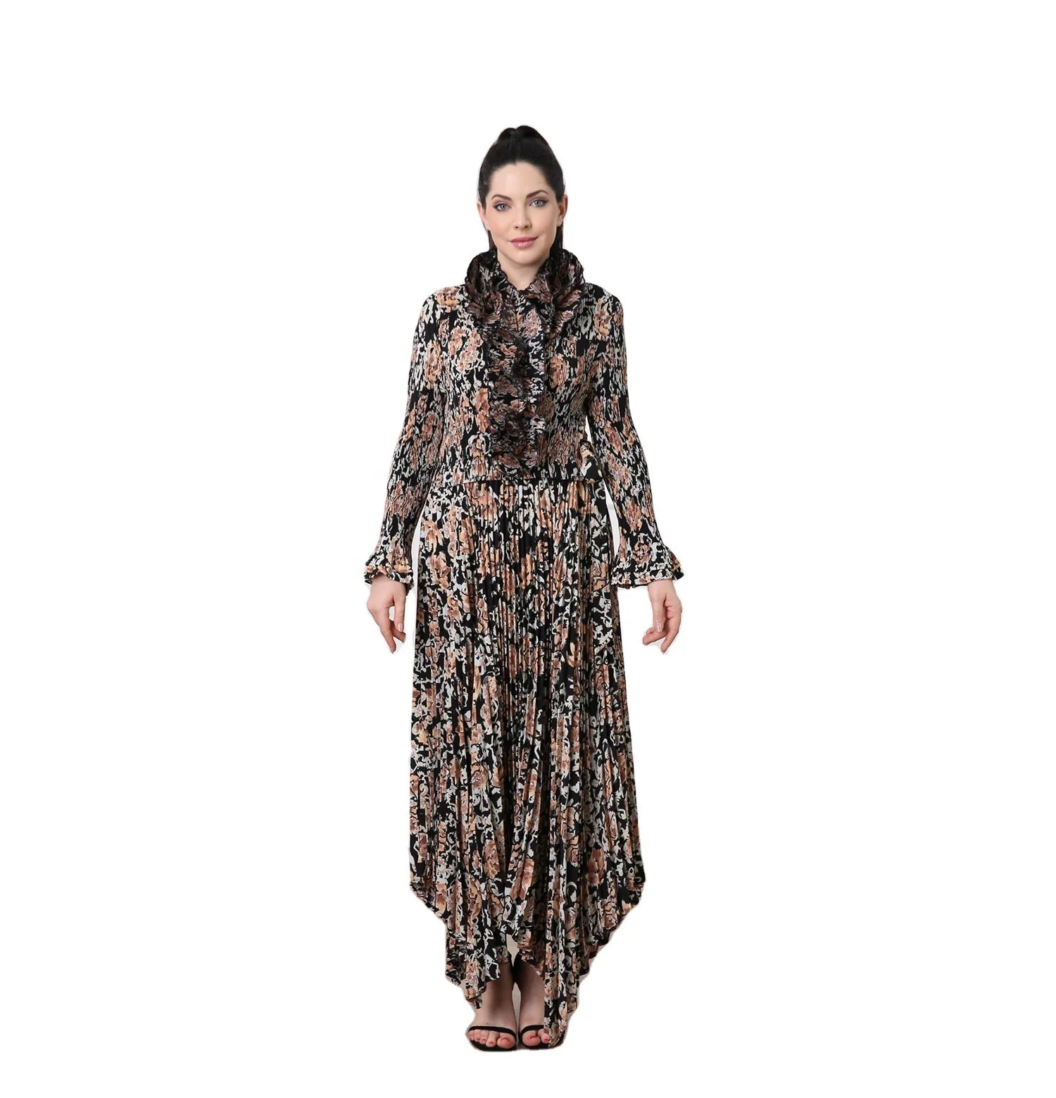 Manufacture Custom Boho Miyake Pleated Dress for Women Scarf Collar Full Sleeves Irregular Loose Modest Maxi Dresses for Church