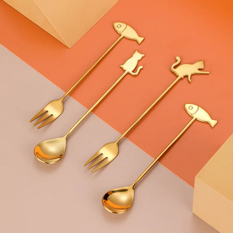 Cute Mini Cat Spoon Gold Dessert Tea Spoon Fish Spoons for Coffee Ice Cream Sugar