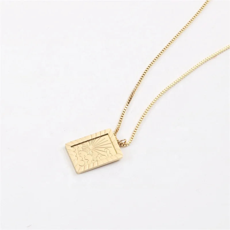 Women Stainless Steel Stacking Summer Jewelry Sun Rising Square Pendant Box Chain Necklace