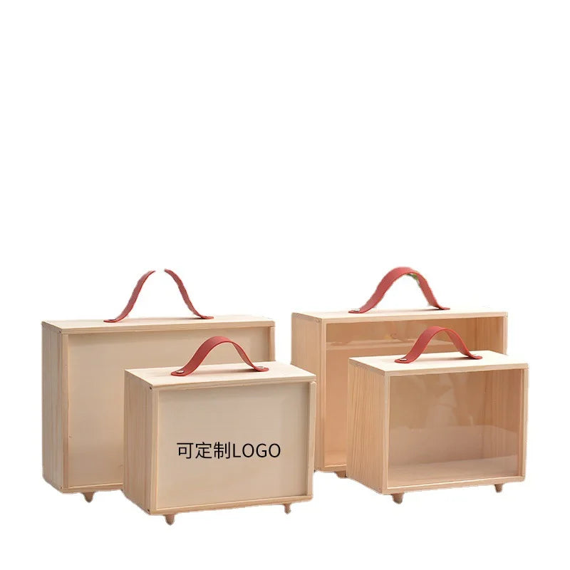 Figure Toy Doll Display Handmade Polished Square Wooden Eco-Friendly Tabletop Gift Box Transparent Acrylic Sliding Lid Handle