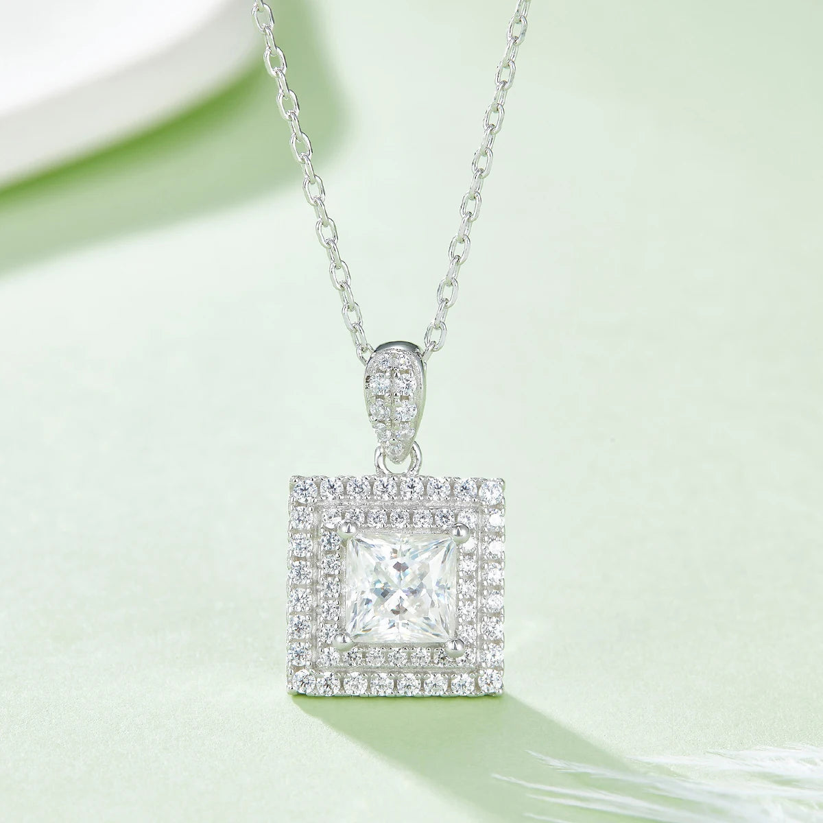 O93 Abiding Jewelry Wholesale Square Cut 1CT Moissanite Diamond Stone Pendant 925 Sterling Silver Double Halo Necklace