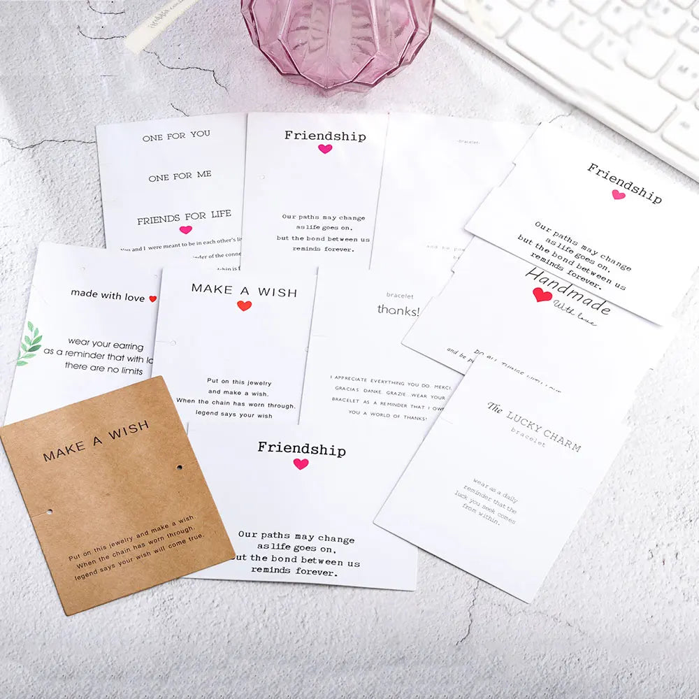 100 Pcs/Lot 7X9cm DIY Good Lucky Text Writen Bracelet Necklace Paper Card Custom Logo Packaging Tags Display Cards