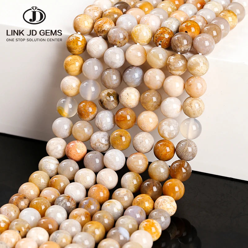 4 6 8 10 12MM Pick Size Yellow Matte Natural Stone Round Loose Flower Fossil Coral Gemstone Beads for Jewelry Making