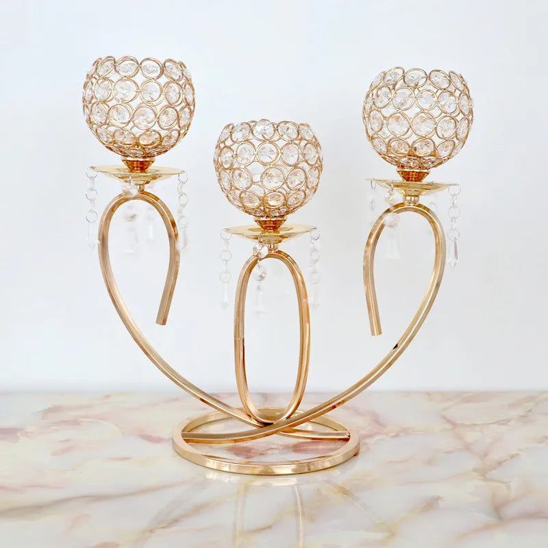 Three-Head Luxury Gold Crystal Candleholder for Wedding Home Decor Handmade Elegant Nordic Design Metal for Valentine's Day