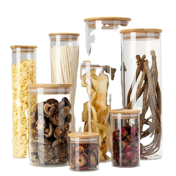 Borosilicate Glass Canister with Bamboo Lid Airtight Kitchen Storage Cover for Coffee Beans Candy or Condiments