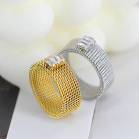 Nabest Waterproof Stainless Steel 8mm Weaved Nets Rhinestone Ring Jewelry Women Men Gold Plated Couples Minimalist Ring