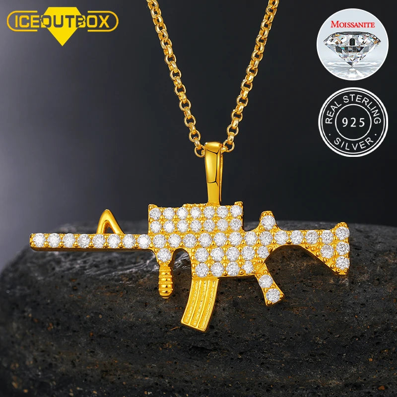 Hip Hop Sterling Silver Gun Pendant With VVS Moissanite Stone Iced Out Moissanite Gun Pendant Necklace Hiphop Jewelry
