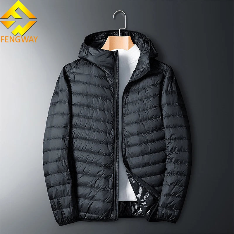 Men's High Street Eco-Friendly Windproof Thick Duck Feather Polyester Black Hooded Winter Bubble Puff Filled Puffer Jacket