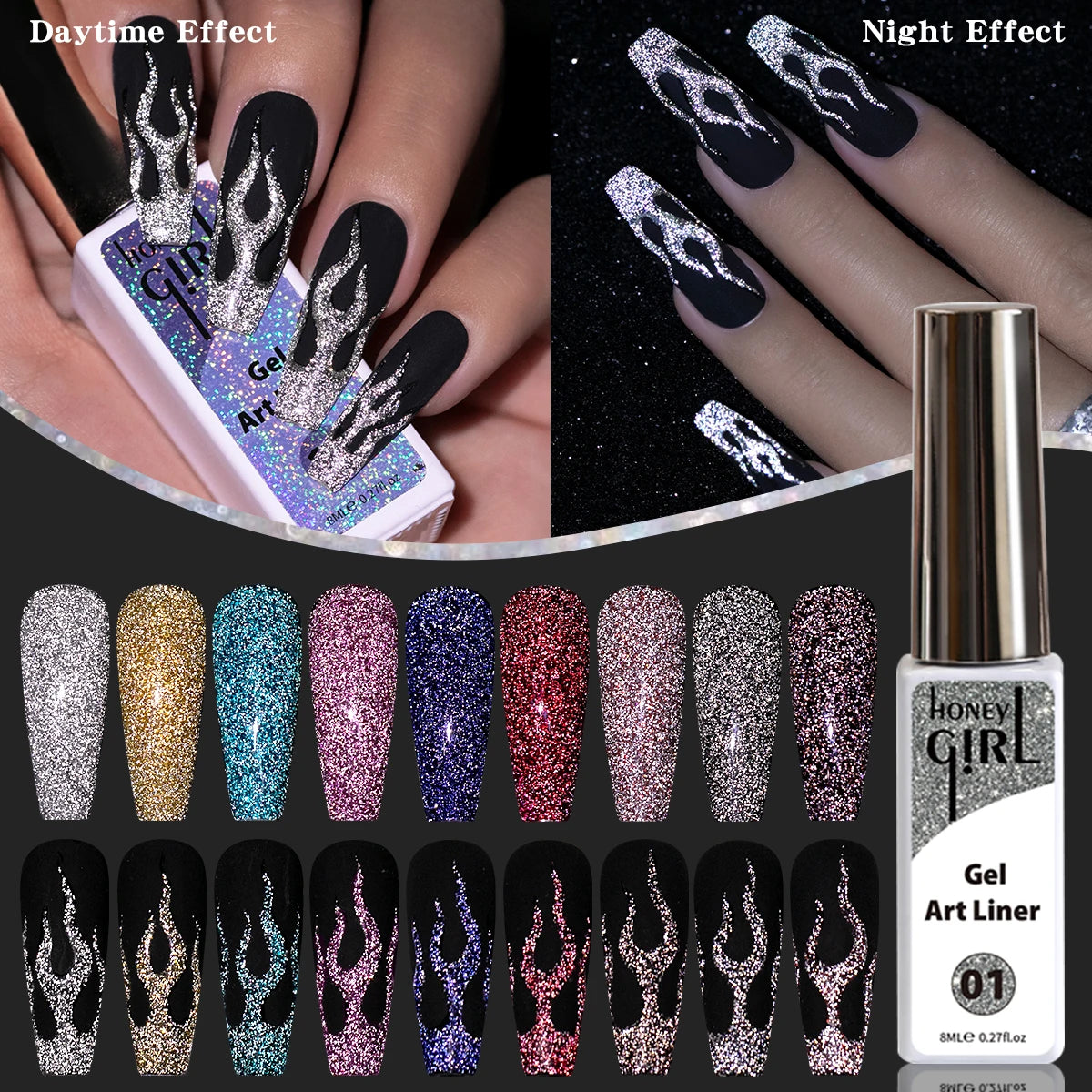 HONEY GIRL Private Label 12 Colour Glitter UV Gel Liner Polish Disco Diamonds Glow Dark Nail Art Set Customizable Nail Polish
