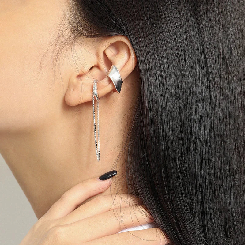 WMET412 Cuff Earrings Chain Single Piece Box Chain Tassel Ear Cuff Crawler Long Chain Climbers Drop Dangle Earrings for Holiday