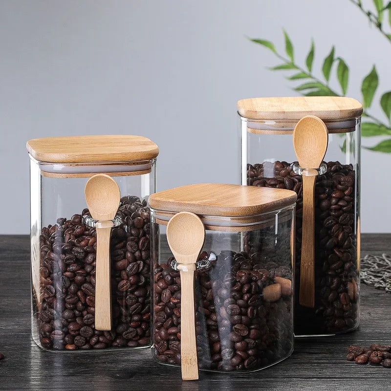 Food Storage Glass Canisters with Airtight Bamboo Lid and Spoon Clear Glass Container Kitchen Organization Jars Kitchen Supplies MegaBDM