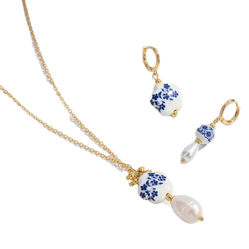 Chinese Style 5 Sets Handmade Porcelain Blue White Floral Glass Beads Heart Pendant Ceramic Earrings and Necklace
