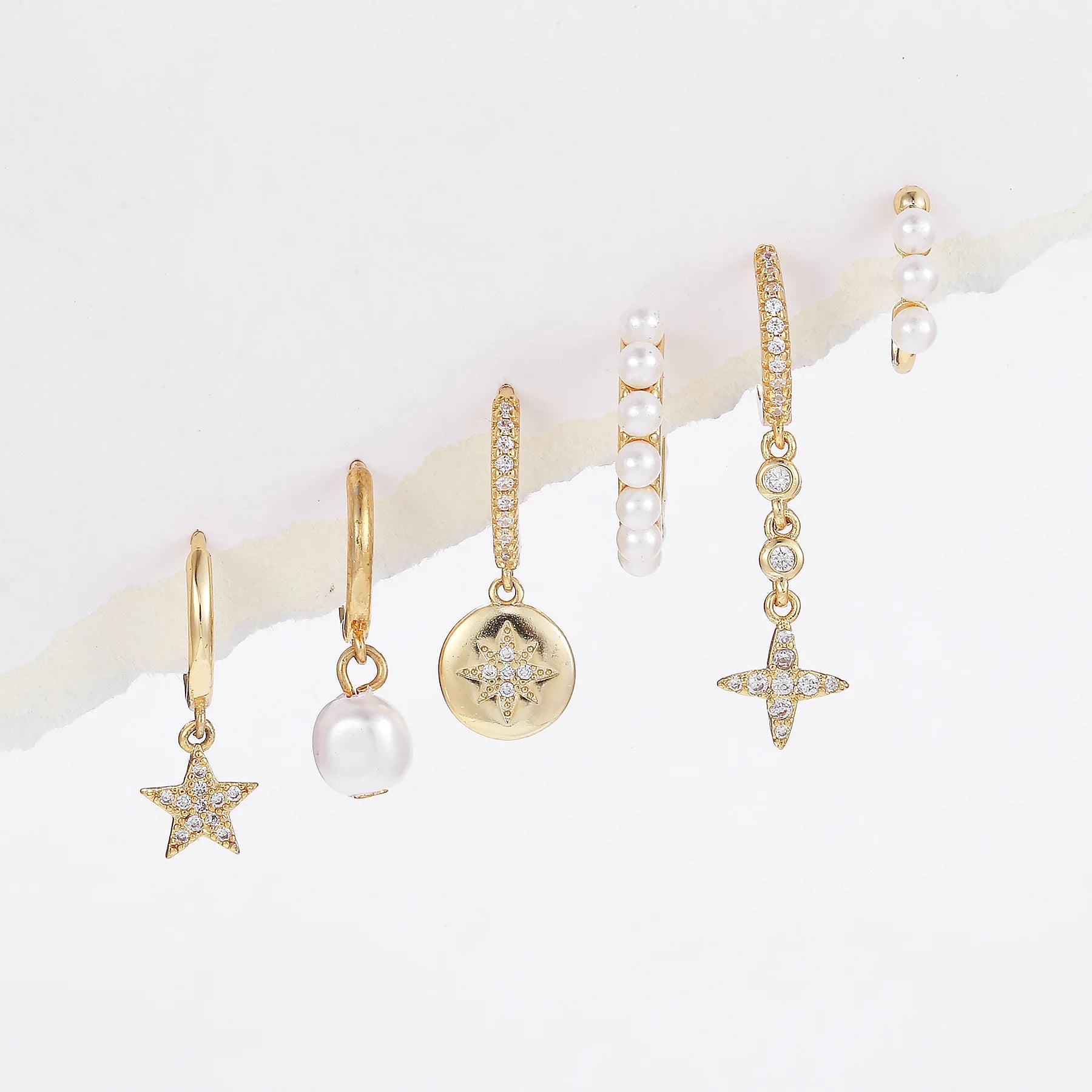 6pcs New Design Pearl Pendant Zircon Earrings 18K Gold Plated Brass Earrings Small and Delicate Star Six Sets Earrings for Women