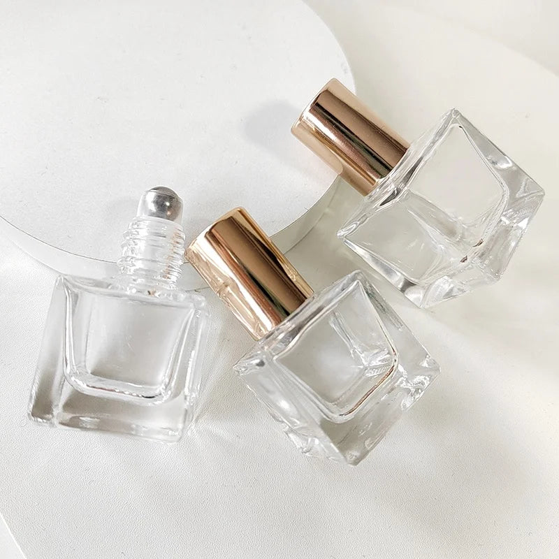 Luxury Square Clear Glass Roll-On Bottle 5ml 10ml with Steel Roller for Serum Perfume & Essential Oils Shiny Gold Lid Packaging