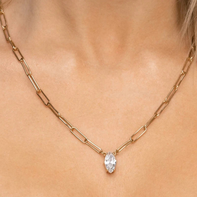 Joolim Non Tarnish Waterproof  Waterdrop Cubic Zirconia Pendant Paper Pin Necklace Stainless Steel Fashion Jewelry Wholesale