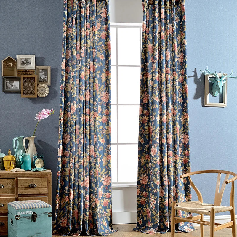 DaiRui Navy Blue Pleated Design Luxury 100% Polyester Printed Rod Pocket Translucent Shading All-Season Living Room Bed Curtain