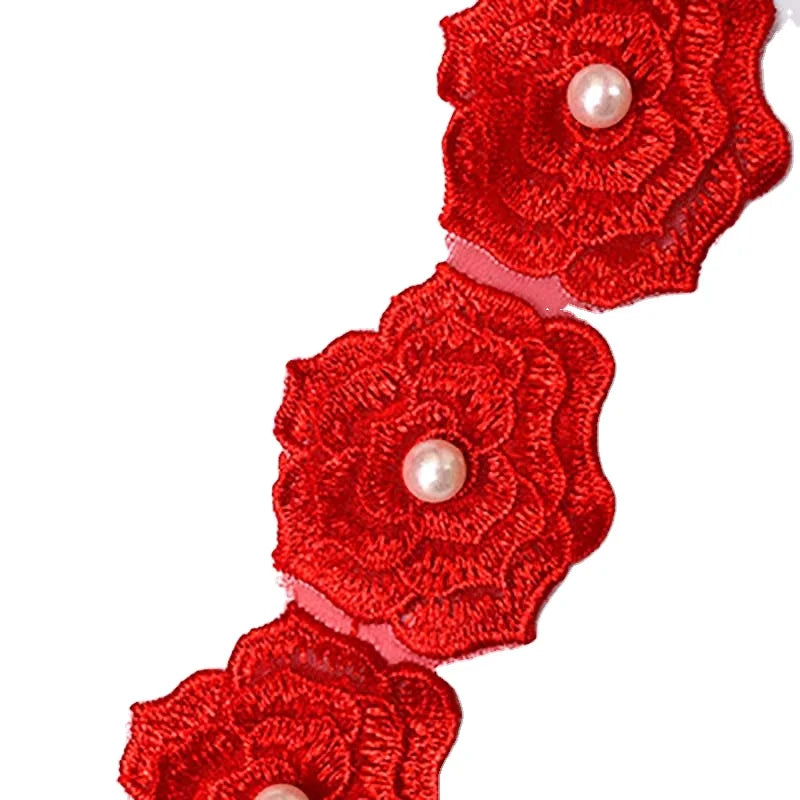 43mm Luxury 3D Rose Flower Motif Embroidered Sewing Wedding Dress Costume Diy Decorative Beaded Patch Bridal Lace With Pearls