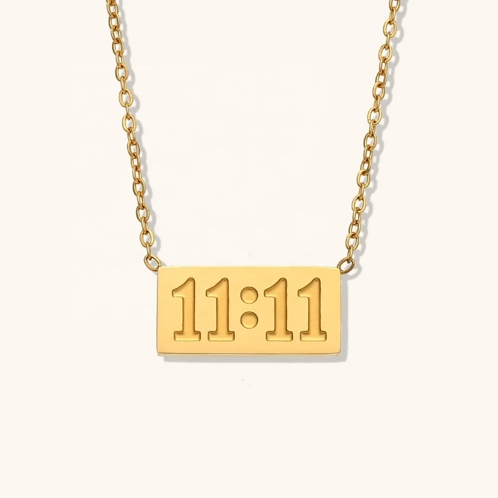 Dingran Customizable Tarnish Free Gold Plated Angel Number 11:11 Square Pendant Necklaces Bijoux Acier Inoxydable