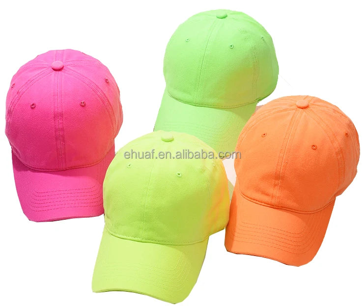 Hot Fashion Wholesale Cotton Twill Adult Blank Custom Logo Adjustable Strap Neon Sports  Baseball Cap Hat