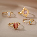 MC301 Wholesale Stainless Steel Artistic Retro Oval Gemstone Ring Gold Plated Cat's Eye Stone Ring Fashion Jewelry Women Ring