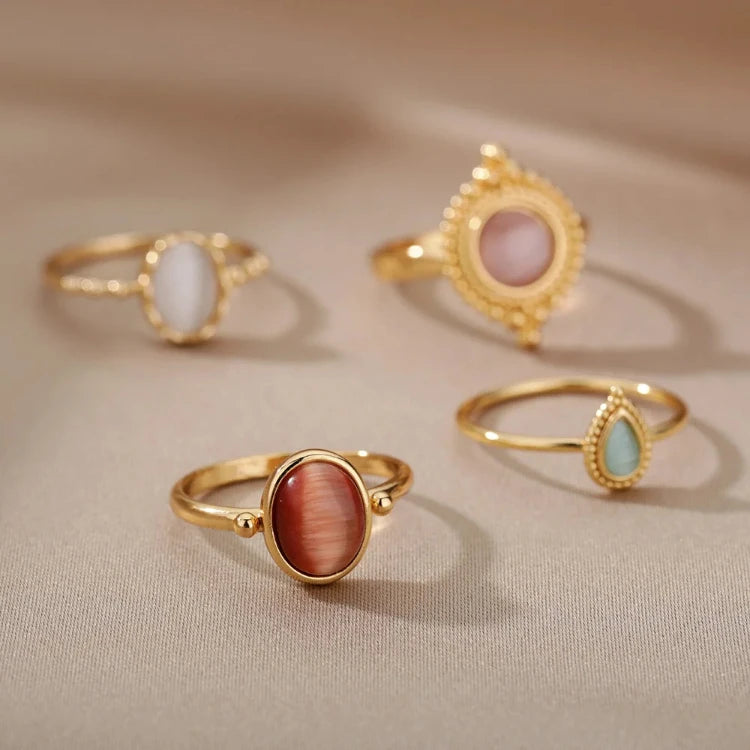 MC301 Wholesale Stainless Steel Artistic Retro Oval Gemstone Ring Gold Plated Cat's Eye Stone Ring Fashion Jewelry Women Ring