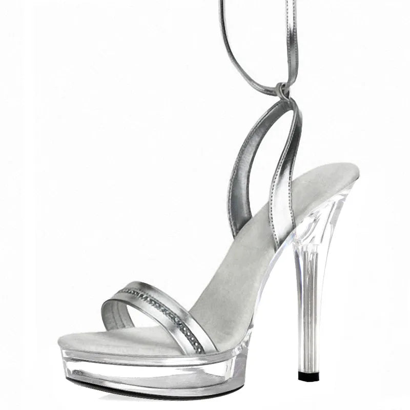Silver Thin Heel Super High Heel Model Walk Show Pole Dance High Heels Club Platform Leaky Toe Large Sandals