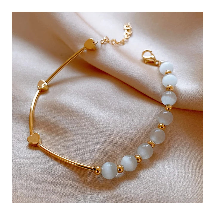 HOVANCI Personalized White Opal Stone Beaded Bracelet Gold Plated Puffed Love Heart Bangle Bracelet