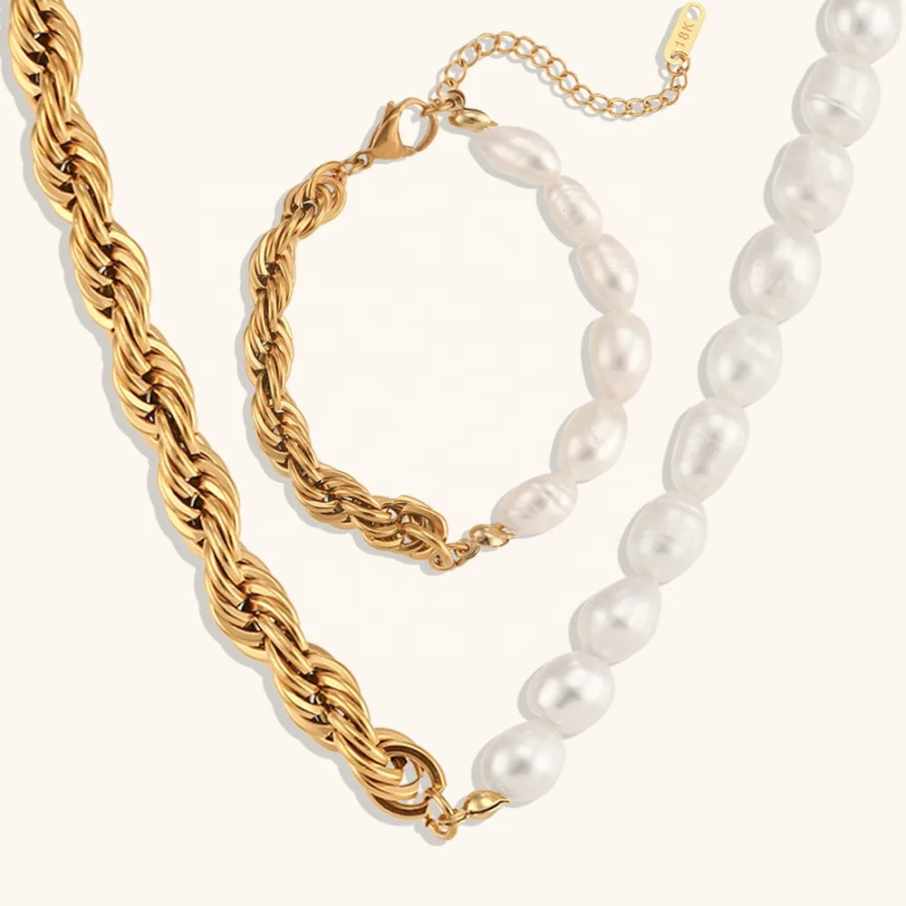 Ding Ran Fine Jewelry Set Asymmetrical Freshwater Pearl With Coarse Twist String Necklace Bracelet