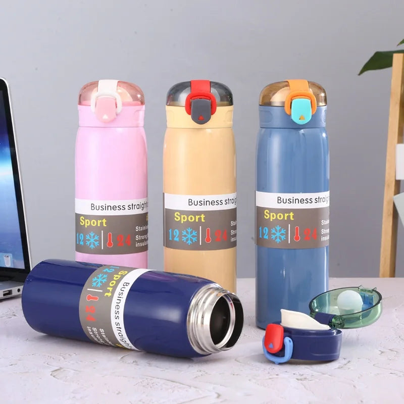 350ml/500ml Metal Vacuum Flask Stainless Steel Bouncing Thermos Travel Hot Cup Insulation Straight Water Bottle