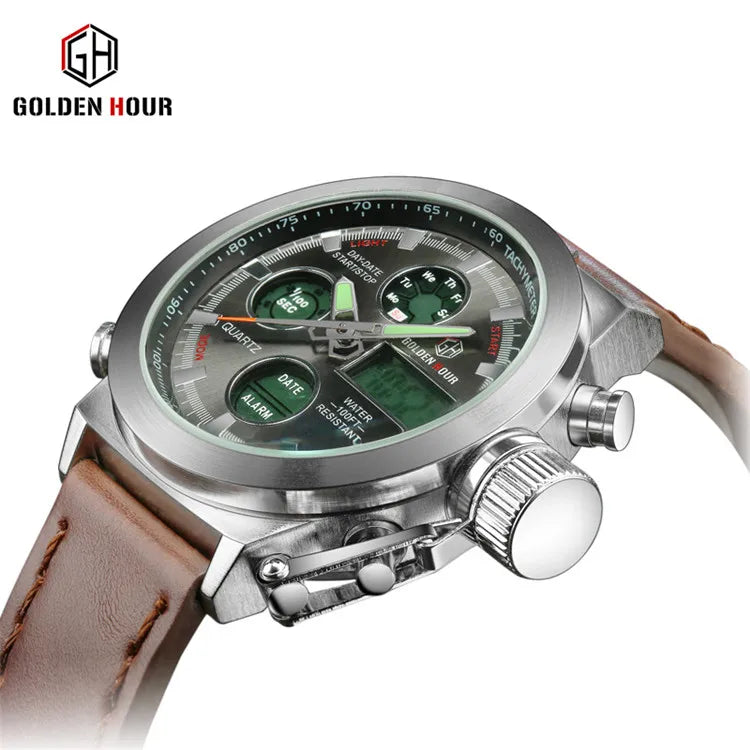 Golden Hour GH-103  Top Brand Luxury Sport LED Digital Mens Watches leather Strap Quartz Watch Men Religious