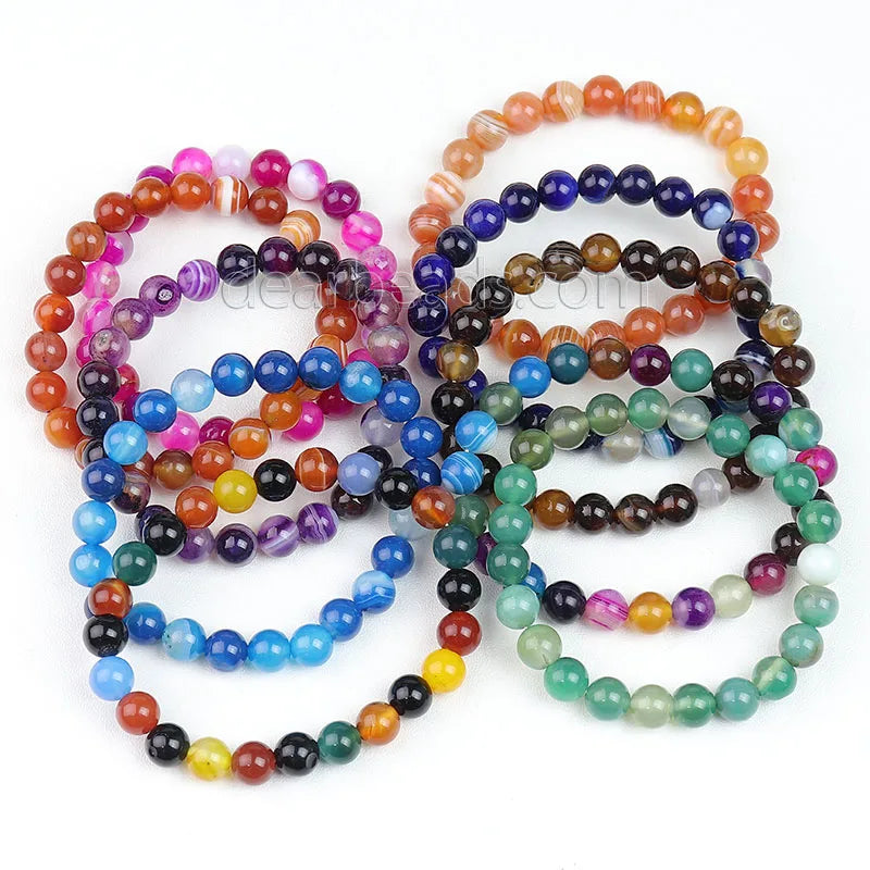 Wholesale Colorful Banded Agate Bracelets Natural Stripe Agate Beads Durable Elastic Bracelet for Men a Women