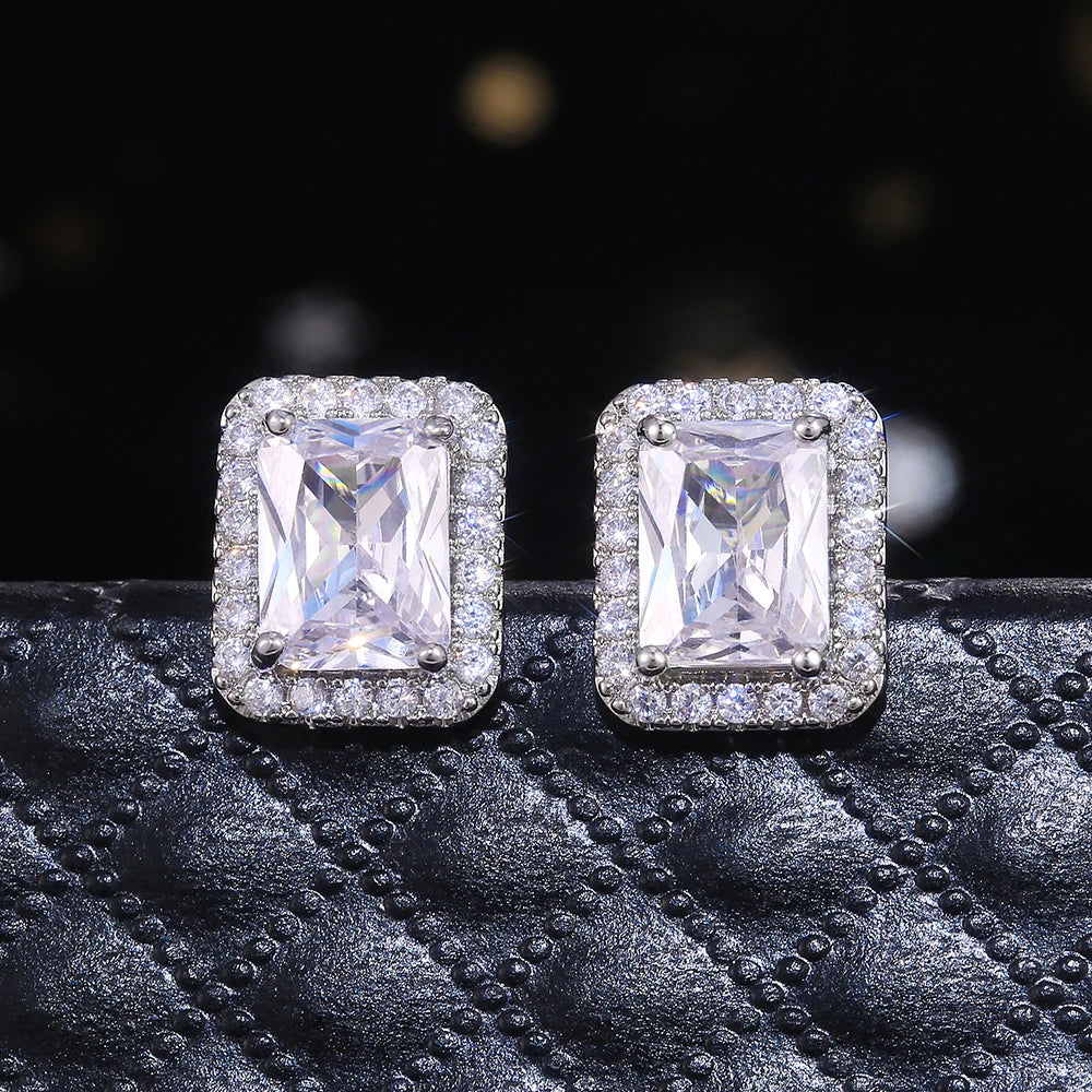 Huitan Hot Sale Simple Silver Plated Square Radiant Cut Crystal Moissanite Proposal Bridal Weeding Stud Earrings for Women