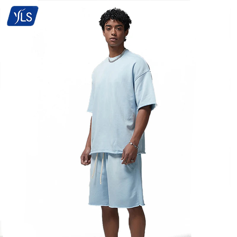 YLS 2024 Summer Men's Clothing 360G French Terry Sports Loose T Shirt and Shorts Set Oversized Track Suit 2 Piece Mens Sets