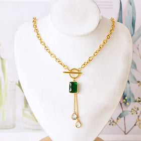 18k Gold Plated Stainless Steel Ot Clasp Pendant Necklace Tarnish Free Gold Emerald Zircon Pendant Necklace Jewelry for Women